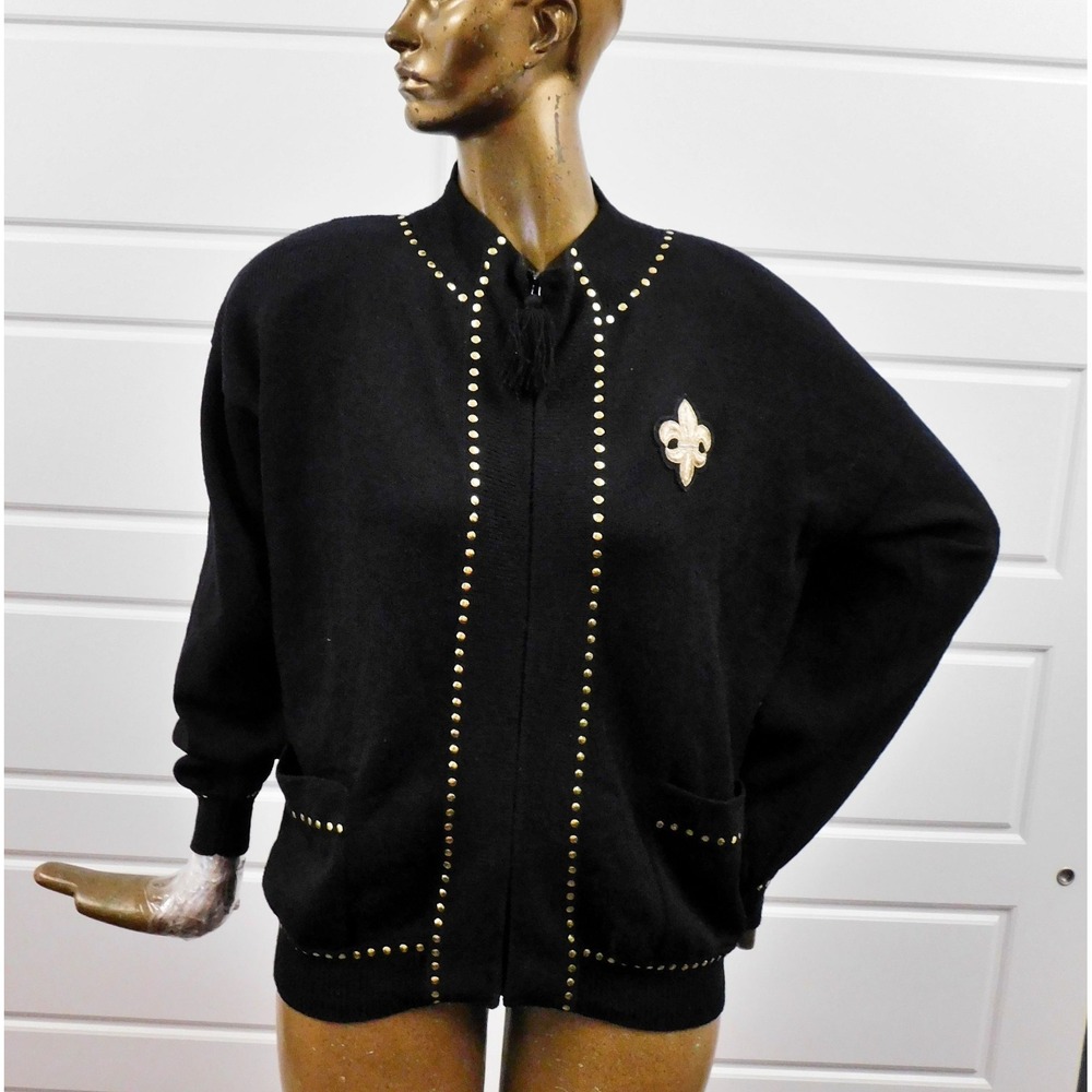 Don Sayres For‎ Wellmore Neiman Marcus Black Knit Gold Stud Zip Cardigan sz 12
